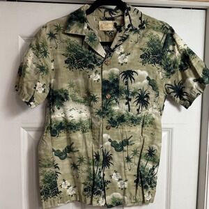Royal Hawaiian Vintage Aloha Shirt Sage Green Tropical Ukulele Made in Hawaii Sm